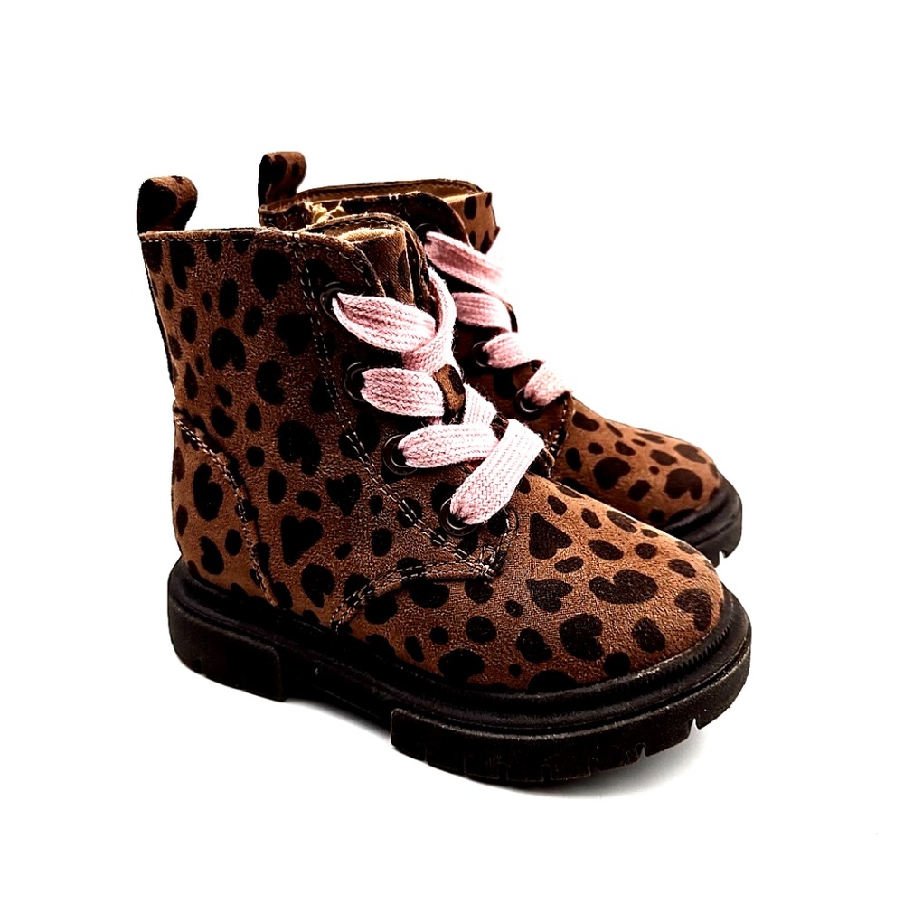 Cat & Jack Combat Boots Baby Size 6 Girls Brown Amaya Leopard Lace Up Zipper